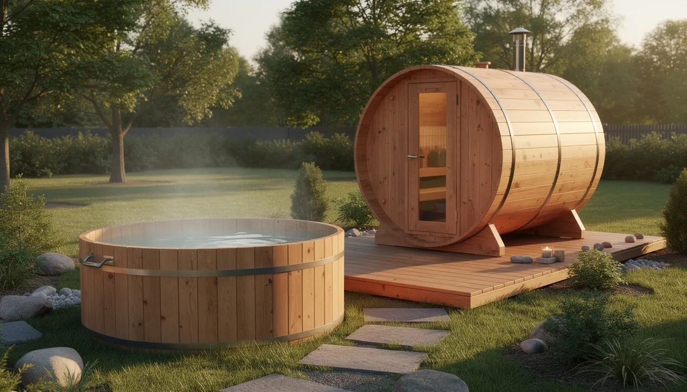 The image features an outdoor wooden cold plunge tub situated beside a barrel sauna in a serene backyard setting, creating an ideal sauna experience for relaxation and rejuvenation. This setup highlights essential sauna accessories that enhance the overall wellness benefits of both the sauna and cold plunge sessions.