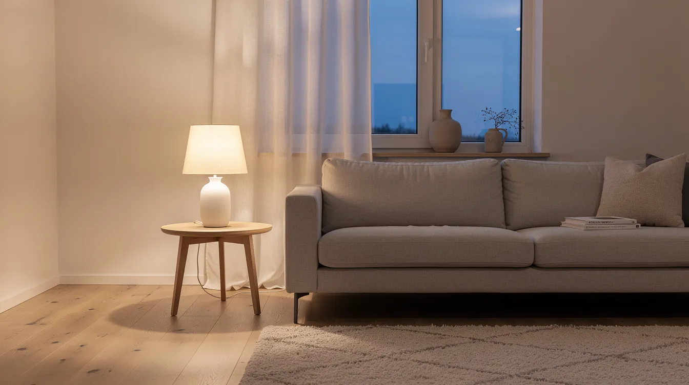 Ett skandinaviskt vardagsrum med en elegant designbordslampa från Fritz Hansen som står på ett sidobord, belyst av det mjuka kvällsljuset. Lampan ger en varm och inbjudande stämning i rummet och passar perfekt in i hemmets stil.