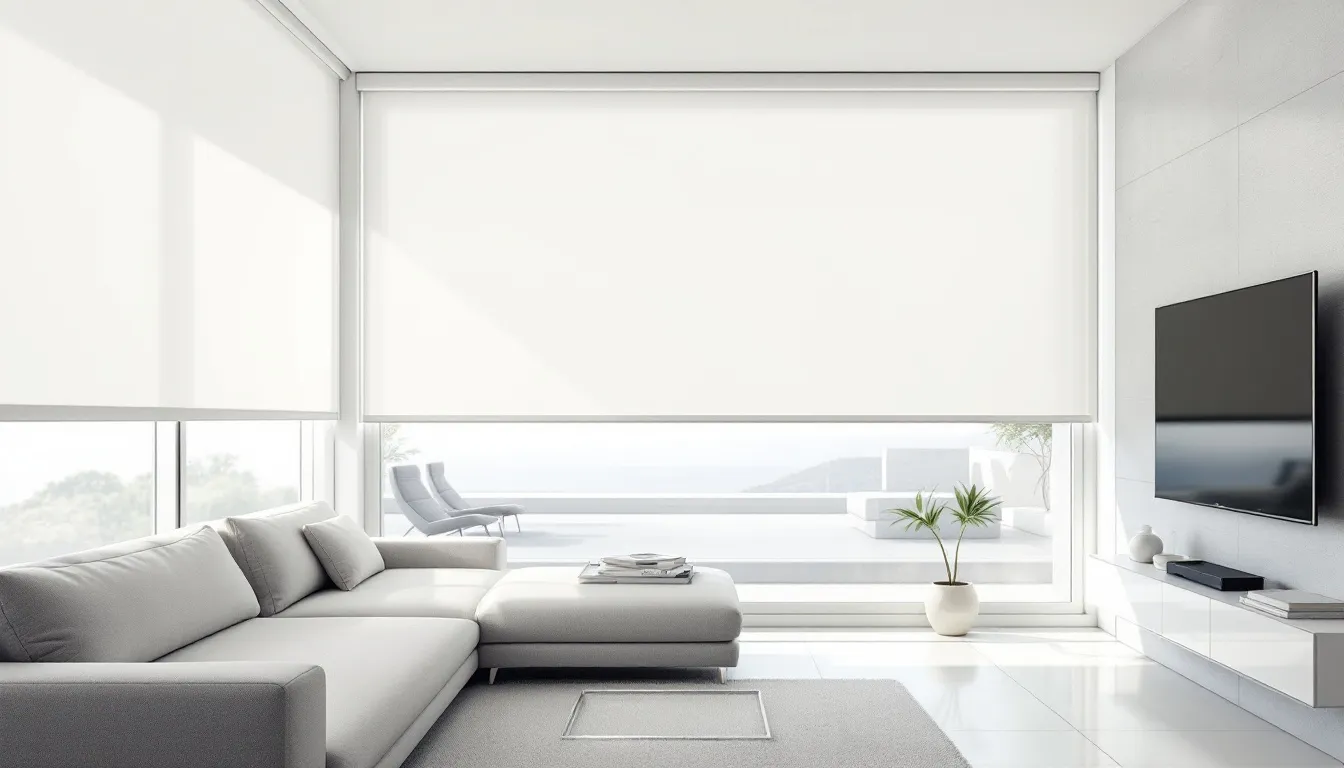 A modern home with motorized roller shades in action.