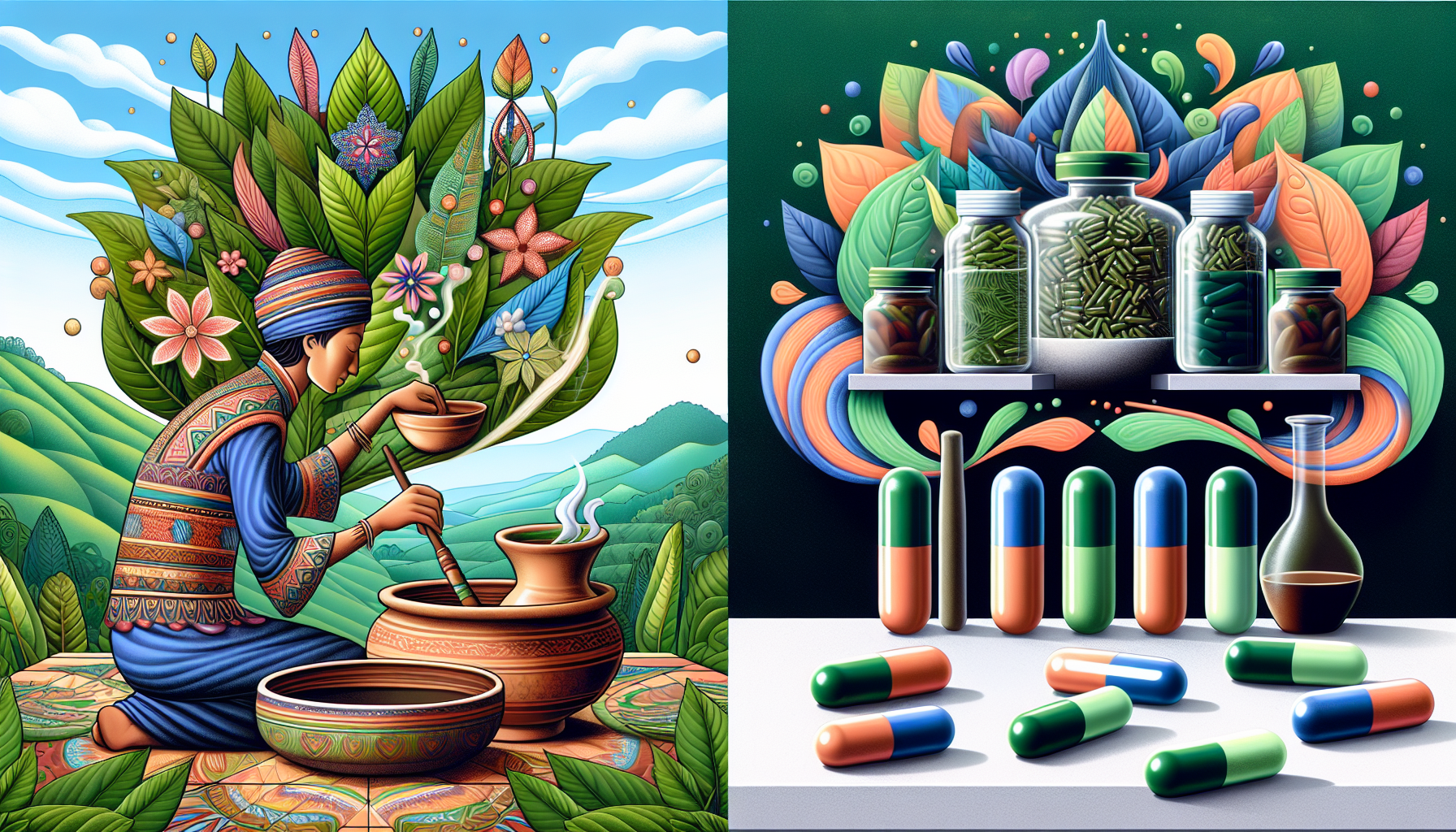 Illustration von traditionellen und modernen Anwendungen von Kratom.