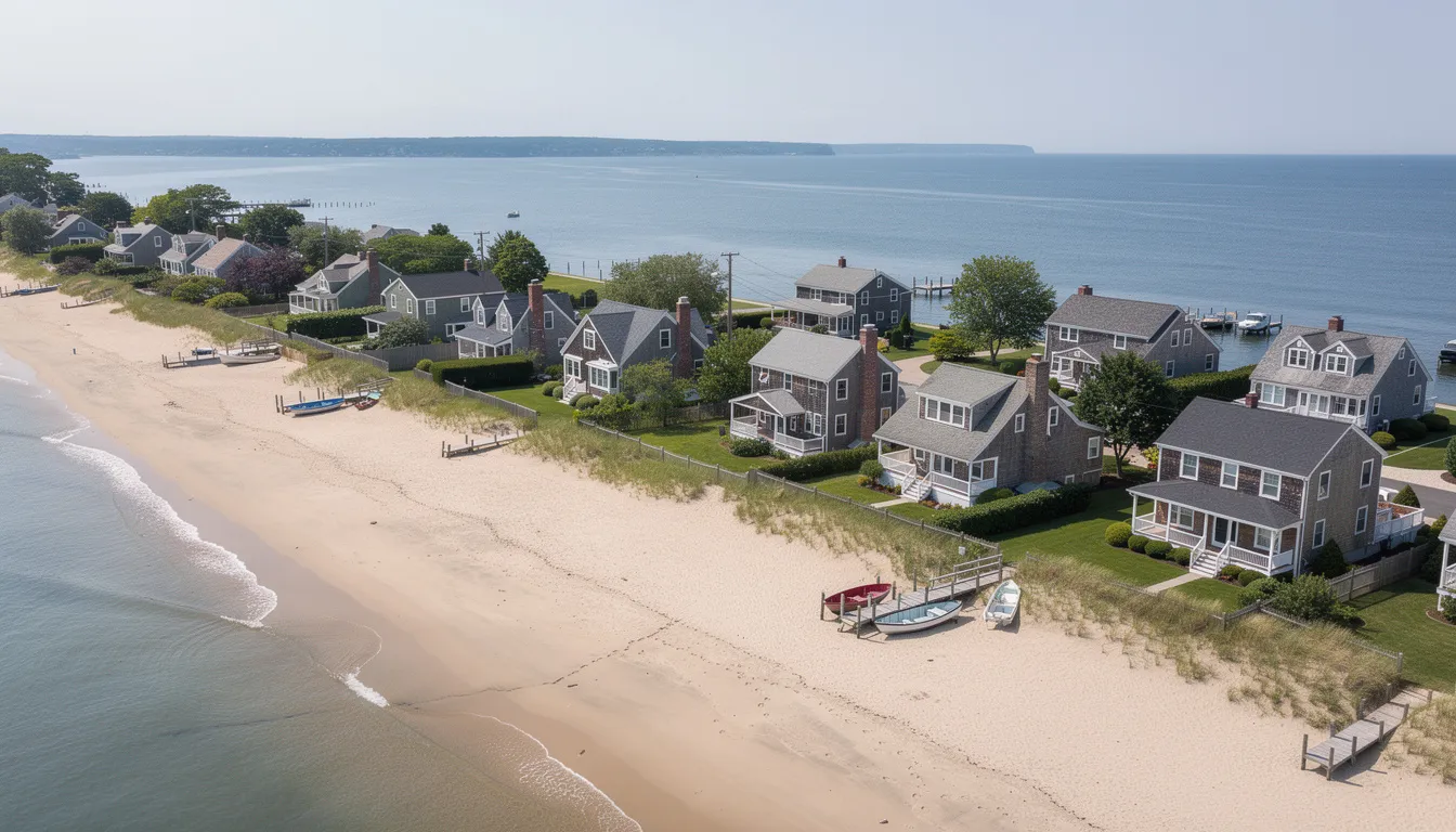 An aerial view captures the picturesque Connecticut shoreline, showcasing single-family homes nestled near a sandy beach with Long Island Sound shimmering in the background. This scene reflects the strong demand for coastal living in Connecticut towns, where housing values have experienced notable price growth over the past decade.