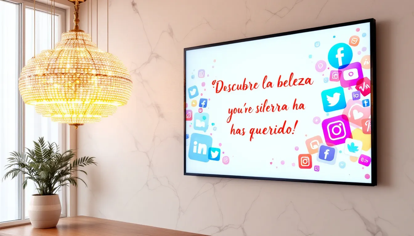 Estrategia de marketing para un salón de belleza, mostrando redes sociales y promociones.