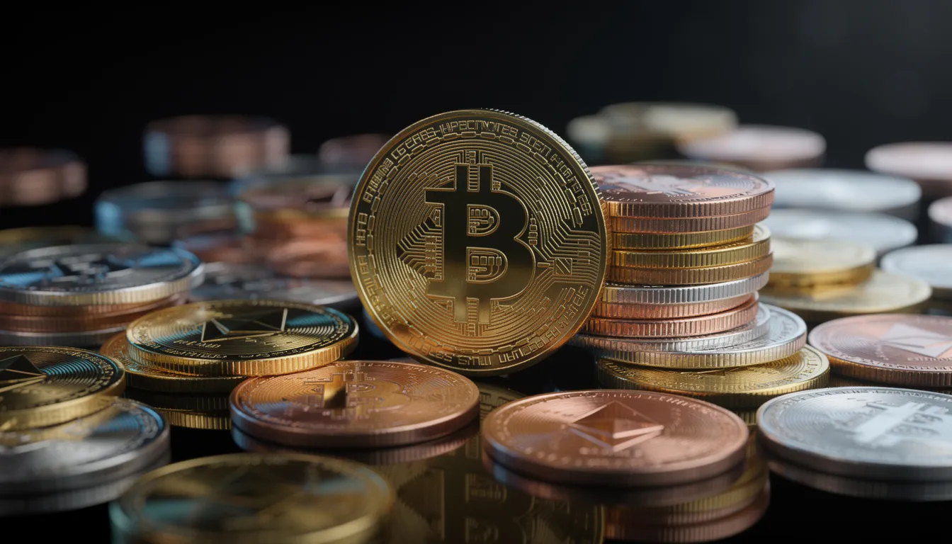 An assortment of cryptocurrency coins, including Bitcoin and Ethereum, is displayed on a reflective surface, showcasing their shiny metallic finishes. This image captures the essence of the digital currency landscape, which is increasingly relevant in the gambling industry, particularly in online casino games and crypto payments.