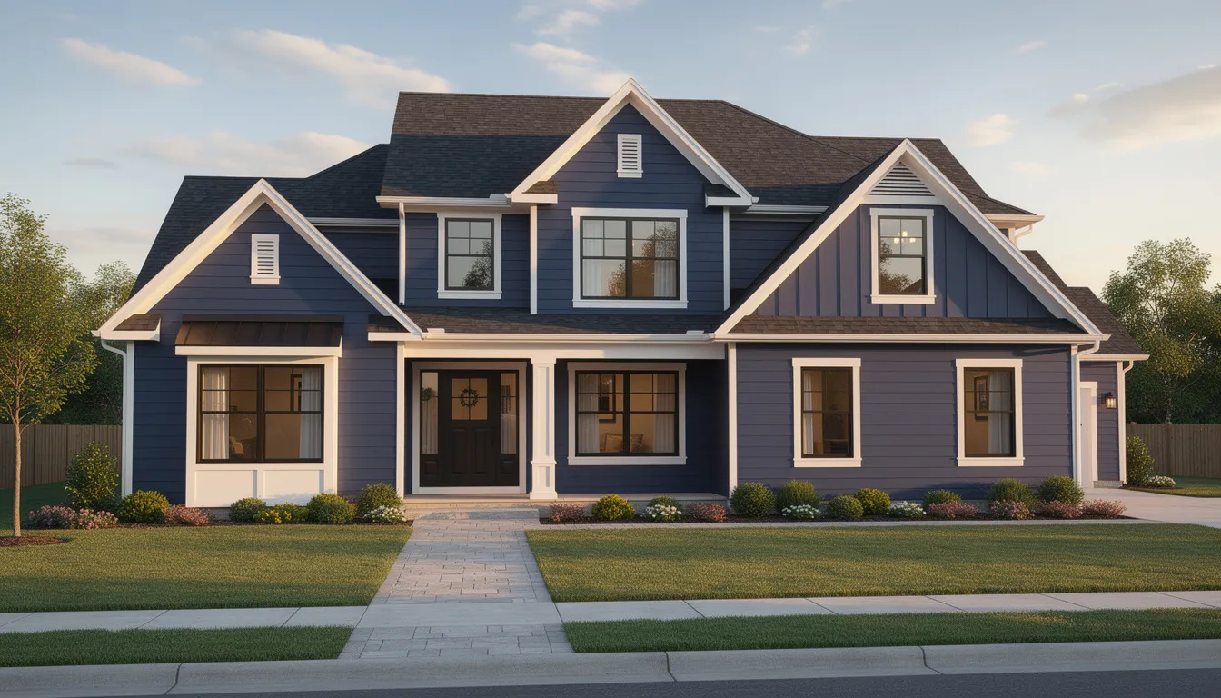 The image features a large home prominently displaying blue James Hardie siding, showcasing the durability and aesthetic appeal of fiber cement siding. This exterior siding material enhances the home's curb appeal while providing a low-maintenance solution for homeowners.
