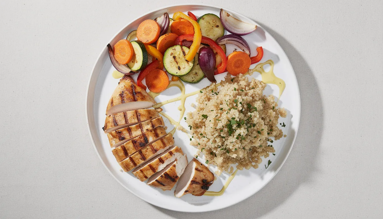 An overhead view of a colorful balanced meal on a white plate showcases grilled protein, roasted vegetables, quinoa, and a drizzle of olive oil, emphasizing a healthy diet that supports weight management and boosts metabolism. This nutritious meal is ideal for maintaining muscle mass and promoting overall health while providing the body with essential nutrients.