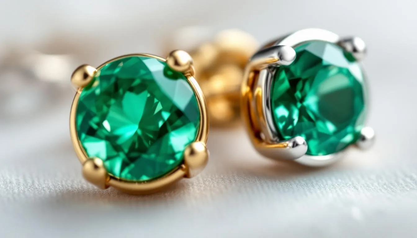 The image showcases a stunning collection of emerald earrings crafted from sterling silver, yellow gold, and white gold, featuring vibrant oval emeralds that add a touch of elegance. These exquisite pieces of emerald jewellery are perfect for any occasion, making them an ideal gift for loved ones.