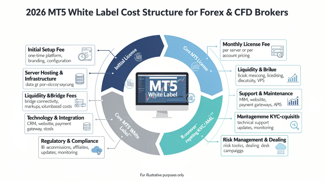 The image depicts a detailed diagram outlining the 2026 cost structure for MT5 white label solutions tailored for forex and CFD brokers. It highlights various elements such as setup costs, ongoing maintenance, and the benefits of utilizing a robust trading platform, emphasizing the importance of liquidity providers and operational efficiency for business growth in the forex industry.