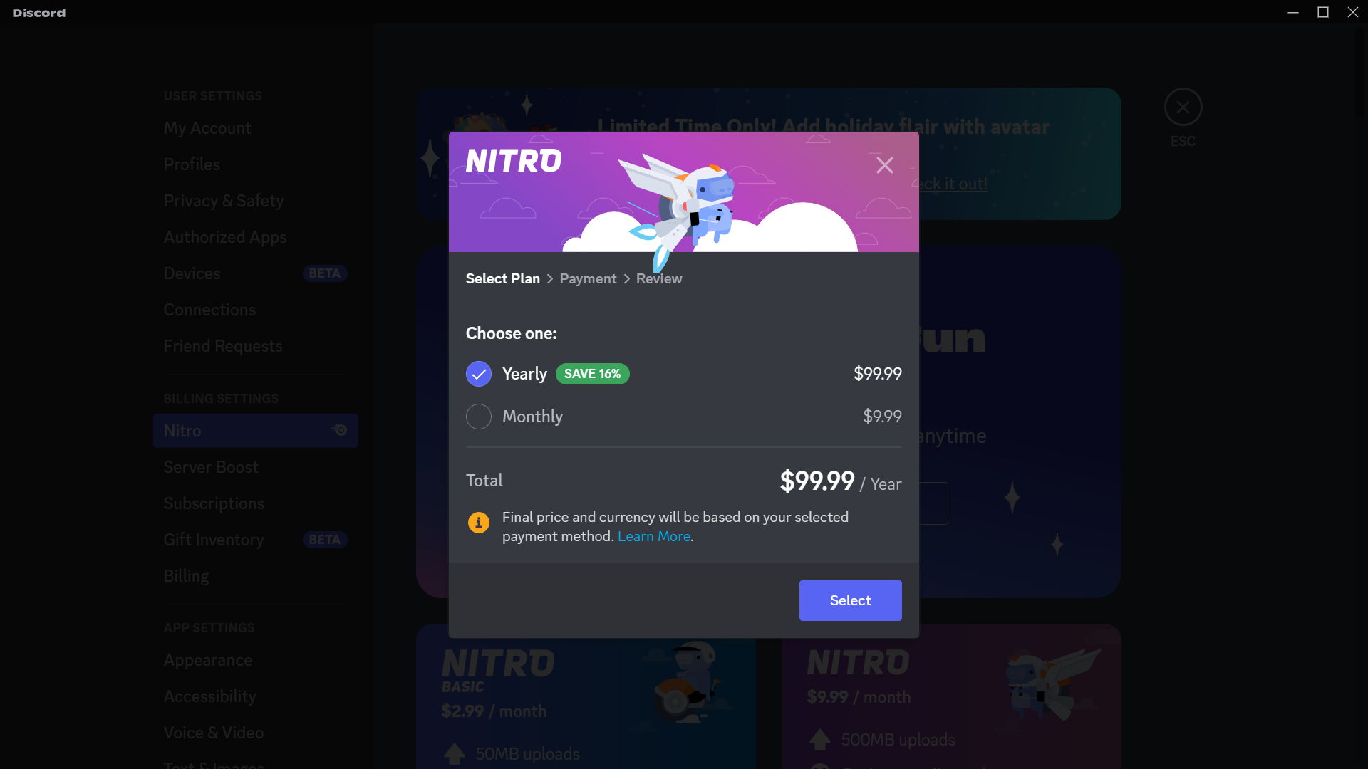 Payment window for Discord Nitro subscription