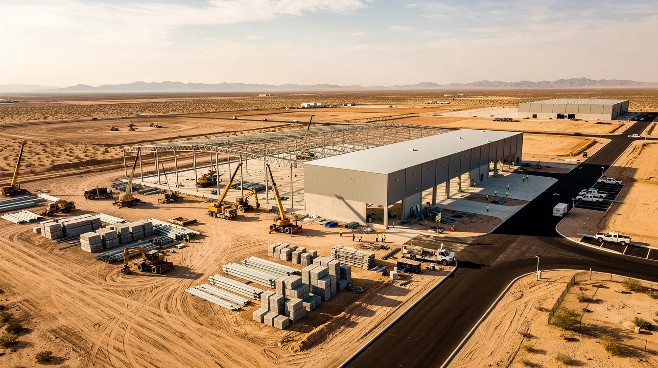 An aerial view captures a large warehouse and logistics facility under construction in a flat desert landscape, highlighting the scale of the project and the ongoing labor compliance efforts required under California law. The image reflects the construction industry's focus on prevailing wage compliance and regulatory requirements essential for public works projects in Southern California.