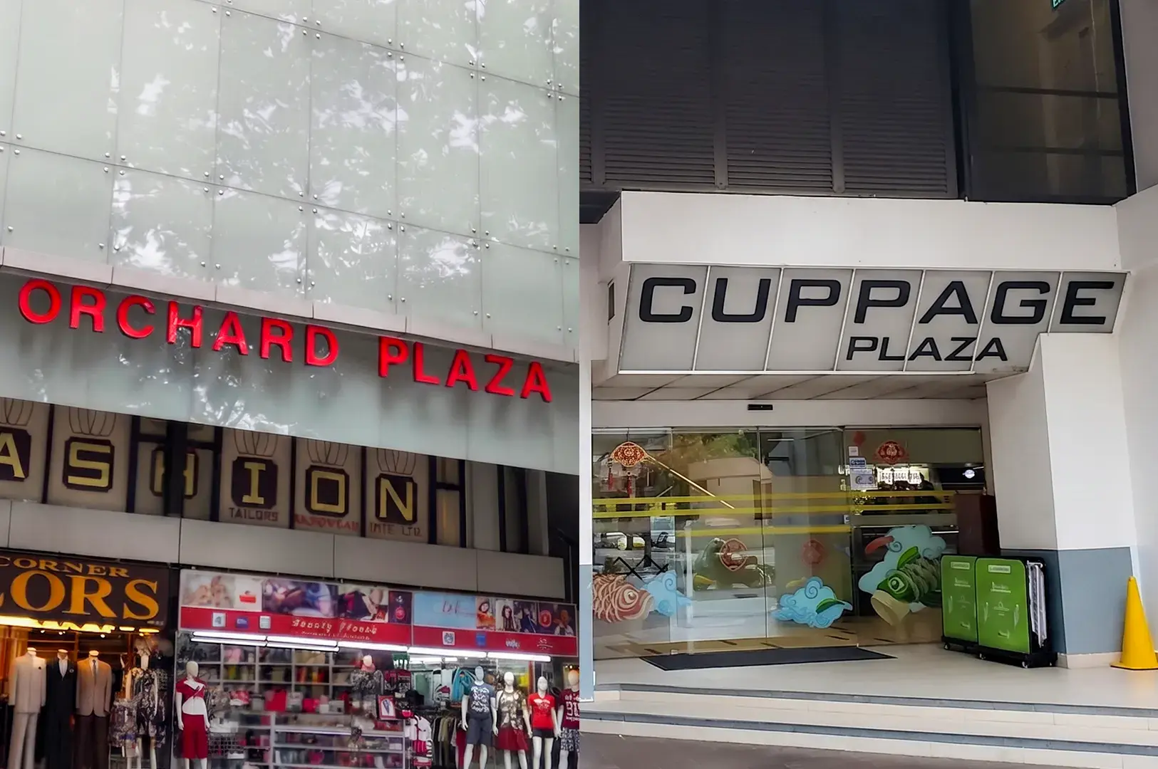 Storefront entrances of Orchard Plaza and Cuppage Plaza in Singapore.