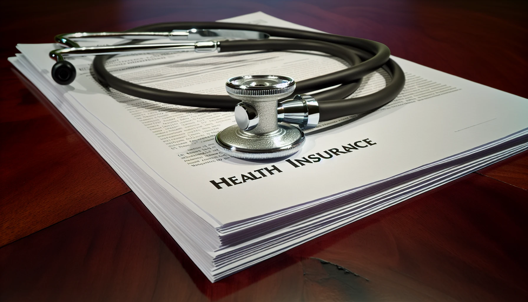 Health insurance policy documents and a stethoscope