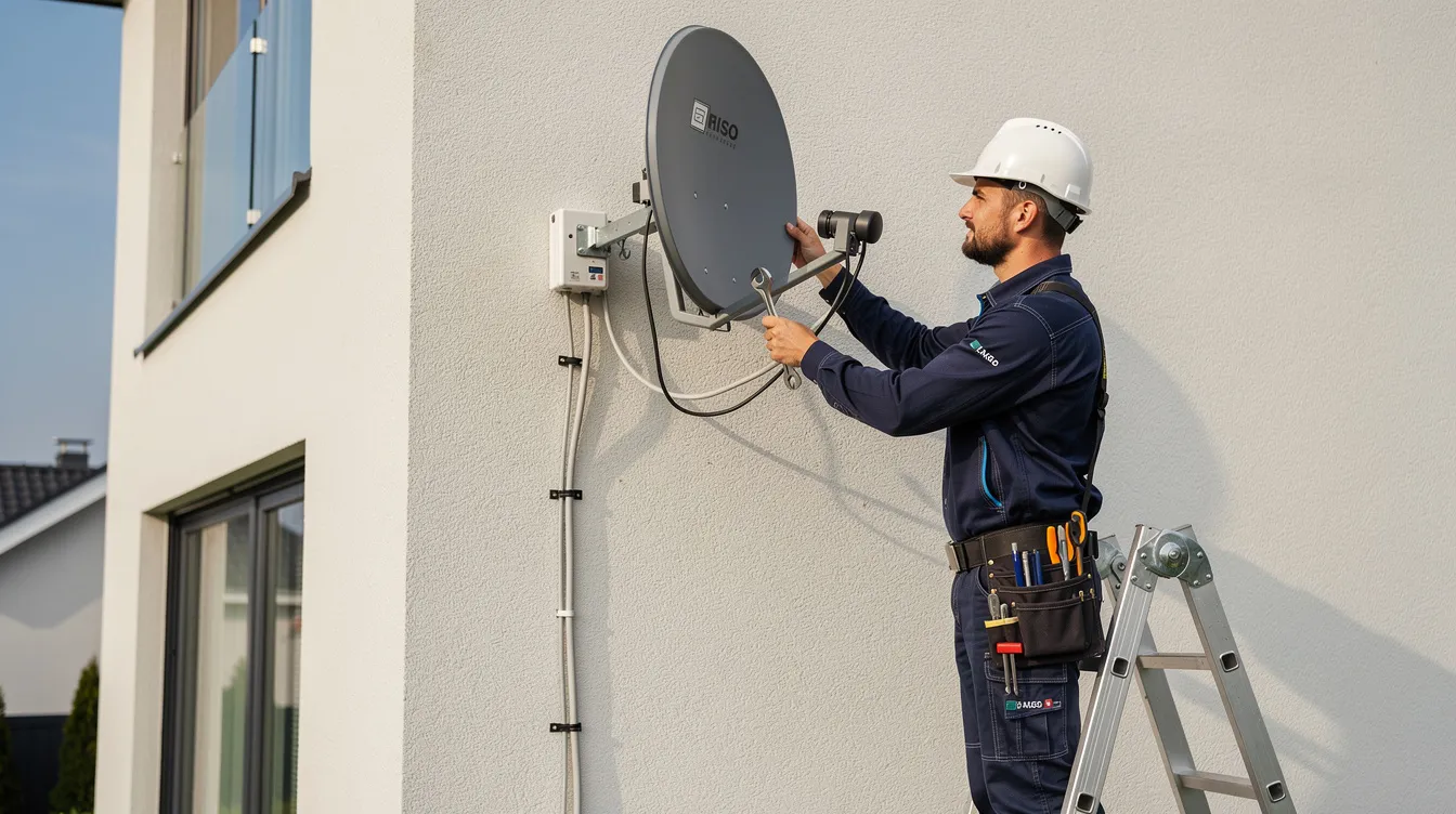 A professional technician is seen carefully installing a satellite dish on the exterior wall of a building, ensuring proper alignment for optimal signal reception. This installation is part of comprehensive DSTV installation services aimed at providing reliable home entertainment solutions.