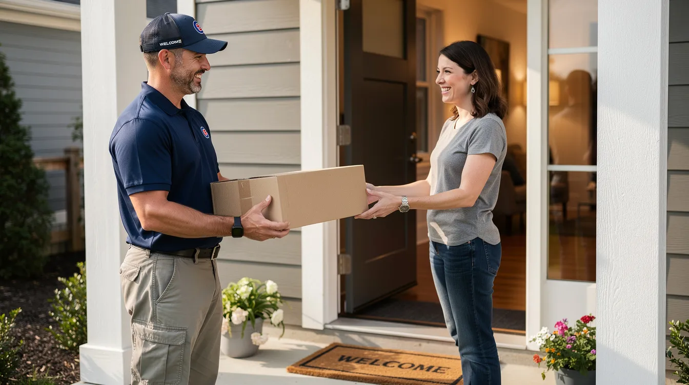 A delivery person is smiling as they hand a package to a happy customer at their doorstep, showcasing the successful completion of an online order in the dropshipping business model. This moment highlights customer satisfaction and exceptional customer service in the e-commerce landscape.