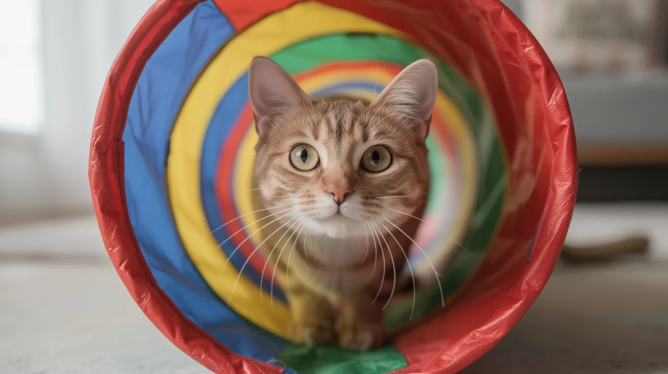 A curious cat peeks out from inside a colorful fabric tunnel toy, its wide eyes reflecting excitement and playfulness. This engaging moment showcases the cat's interest in its new toy, highlighting the importance of providing stimulating cat toys to prevent boredom.