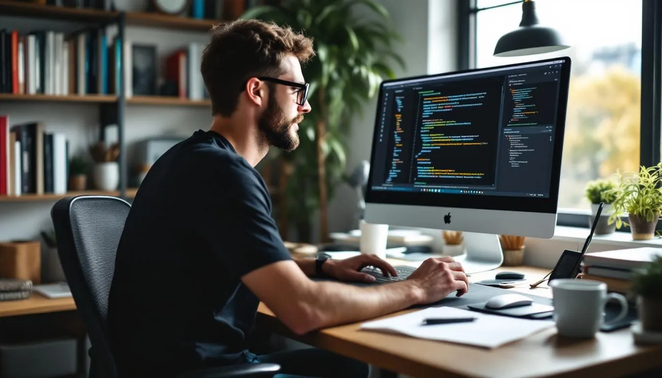 A developer is focused on their laptop, which displays multiple code windows showcasing the integration of customizable maps using the Mapbox Maps SDK. The screens illustrate various features like zoom levels, interactive maps, and routing functionalities, emphasizing the seamless integration capabilities of Mapbox for app development.