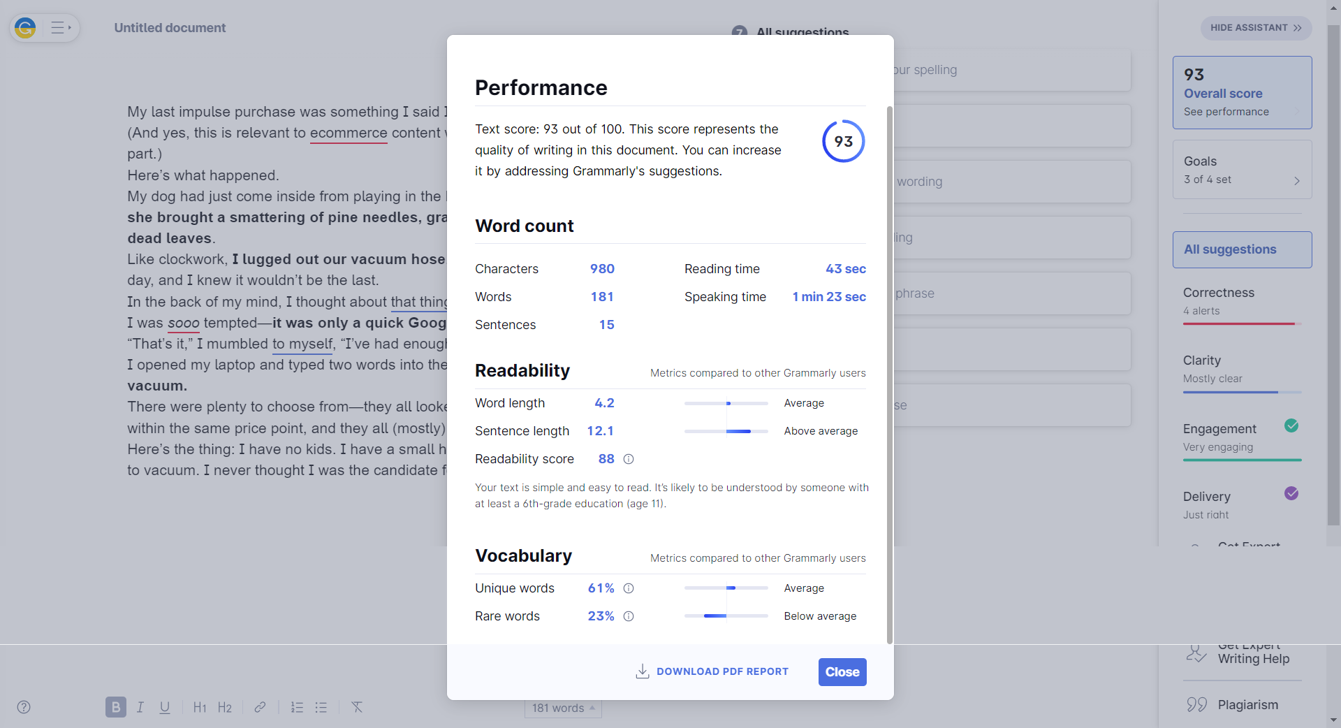 Screenshot of Grammarly's performance report of a passage of text.