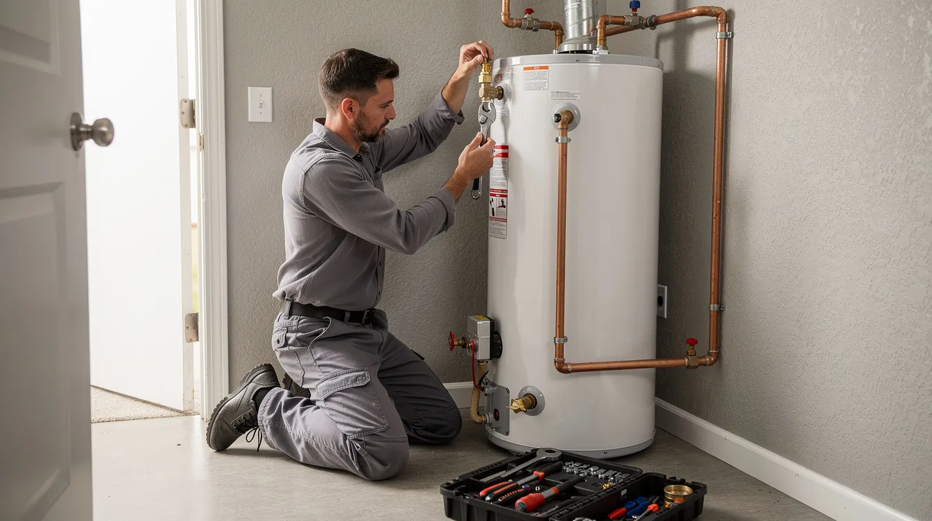 A skilled plumber is installing a new tank water heater in a residential utility closet, carefully connecting water lines and checking fittings to ensure a dependable service. This professional work addresses plumbing needs efficiently, helping homeowners avoid potential leaks and plumbing issues.