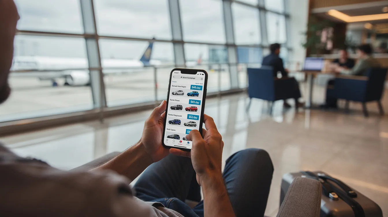 Une personne utilise une application sur son smartphone pour comparer différentes options de location de voiture, avec les prix affichés, tout en étant assise dans un salon d'aéroport. On peut voir des informations sur l'assurance de location de voiture et les différentes compagnies de location.