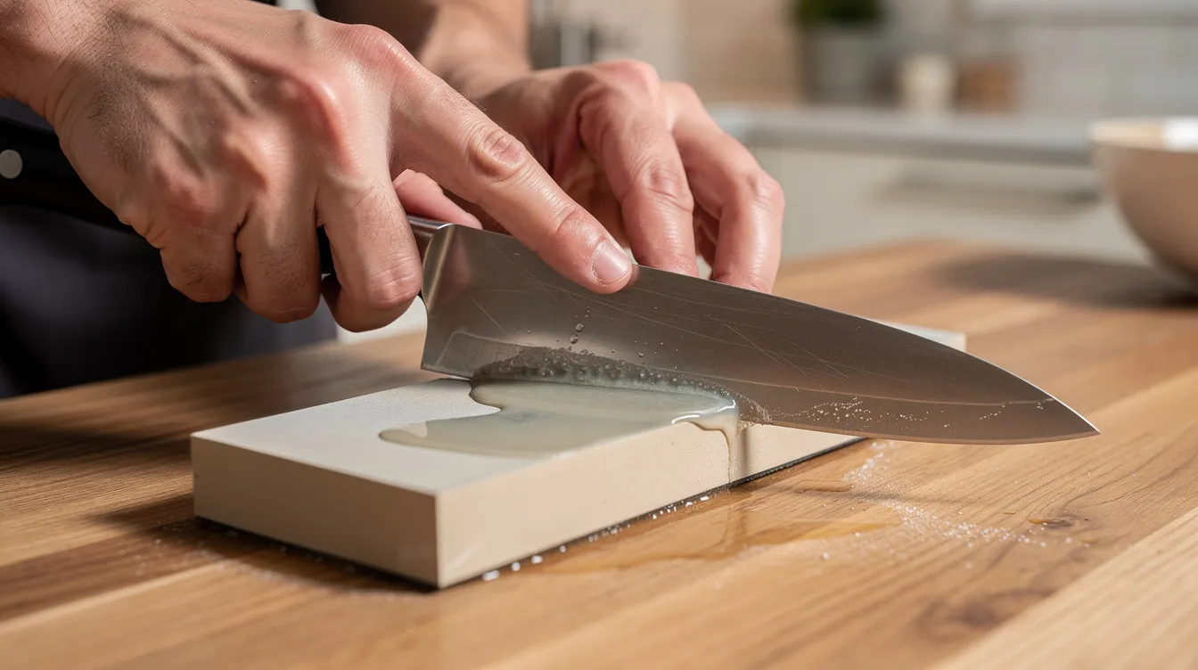 A chef knife is being carefully maintained on a whetstone, showcasing the process of sharpening high carbon stainless steel blades for optimal quality. The image emphasizes the importance of proper knife care in the kitchen for effective chopping and slicing.