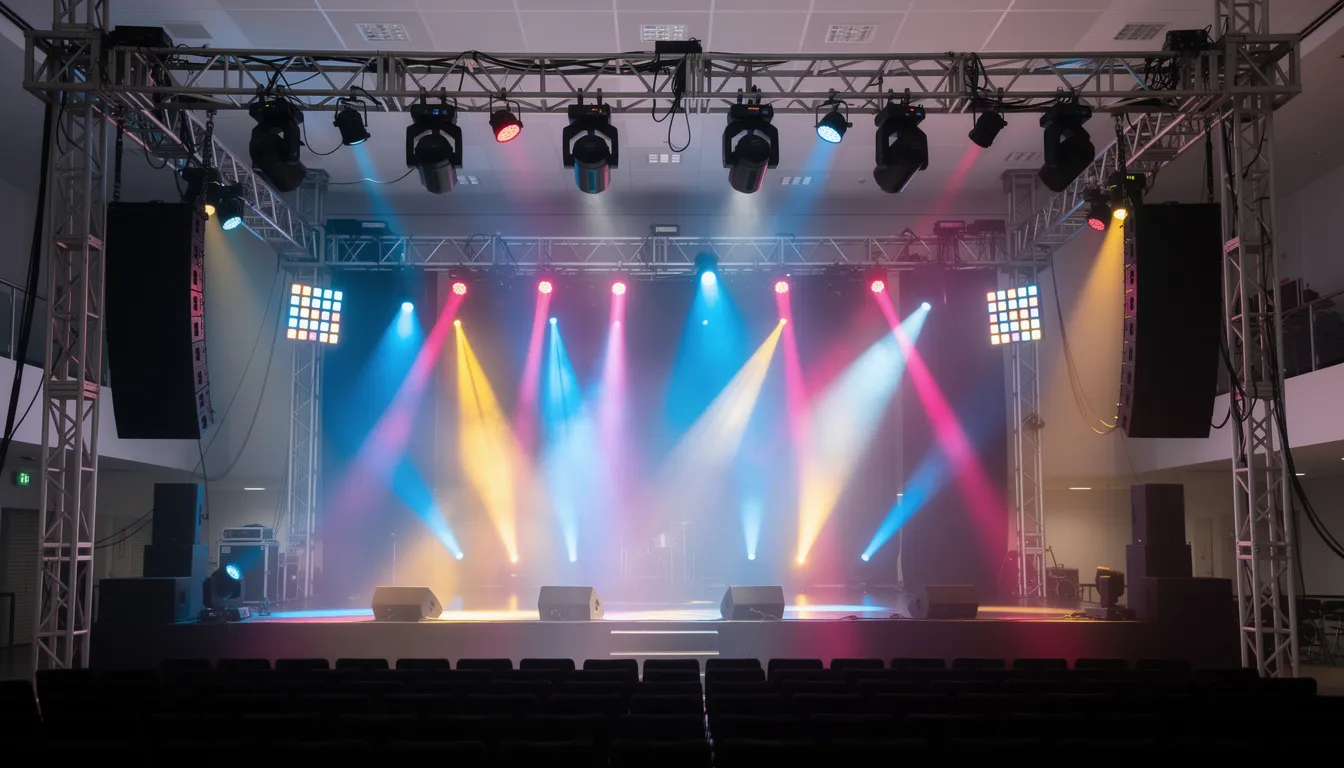 The image features a professional lighting rig equipped with moving heads and LED fixtures, casting vibrant colors and dynamic patterns over an event stage, creating an immersive environment for live music performances. This setup enhances the audience's interactive experience, transforming the physical space into a captivating digital world.