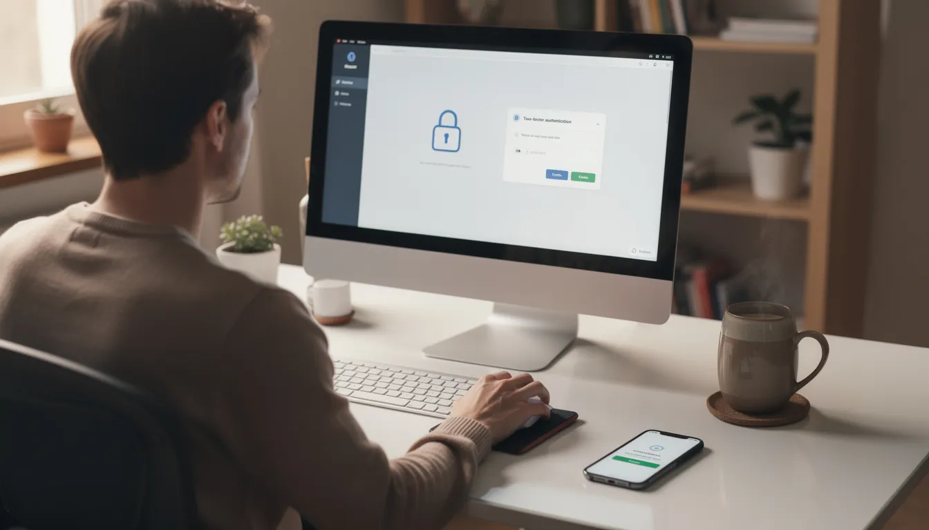 A person sits at a computer, taking security steps to protect their identity, with a cup of coffee nearby. The scene emphasizes the importance of safeguarding personal information against identity theft and monitoring for suspicious activity.