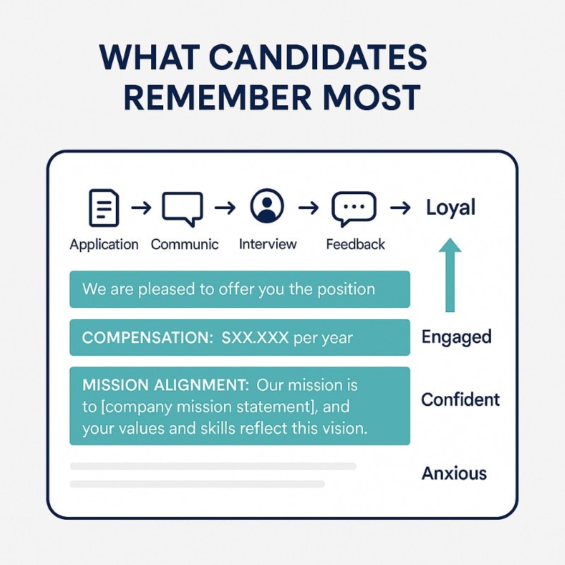 An infographic titled “What Candidates Remember Most” illustrates the candidate journey through five stages: Application, Communication, Interview, Feedback, and Outcome. Above the flow, icons represent each step. Alongside the process, a vertical emotion scale shows how candidates typically feel—ranging from Anxious to Confident, Engaged, and ultimately Loyal. The clean design uses navy blue text, teal highlights, and a light background to emphasize how positive hiring experiences build stronger employer brand perception.