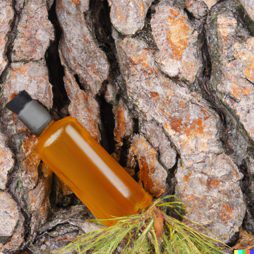a photo of maritime pine bark next to a bottle of alcohol extract