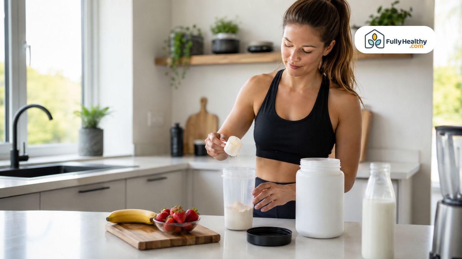 Woman preparing whey protein shake with fresh fruit in bright modern kitchen
