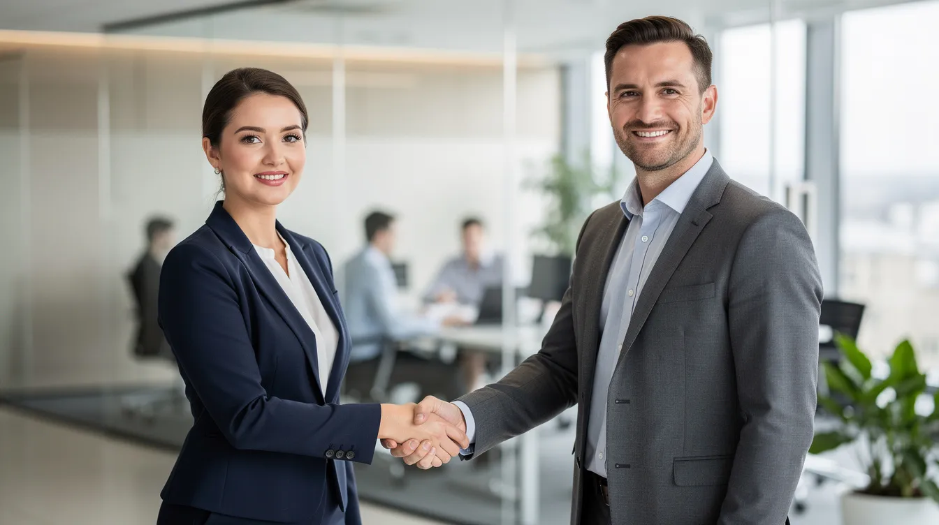 The image shows two professionals in business attire shaking hands in a modern office setting, symbolizing a successful partnership. This interaction reflects the importance of collaboration in managing payroll software and ensuring accurate payroll processing for small businesses.