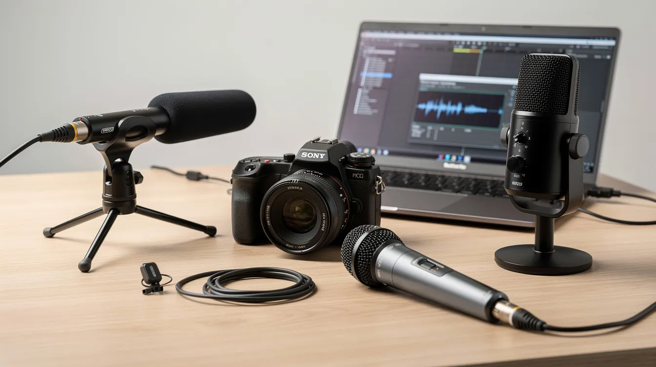 Auf dem Tisch sind mehrere Mikrofon-Typen angeordnet, darunter ein Shotgun-Mikrofon, ein Lavalier-Mikrofon, ein USB-Mikrofon und ein Handmikrofon, die um eine Kamera platziert sind. Neben der Kamera steht ein geöffneter Laptop, der für Videoaufnahmen und die Bearbeitung von Tonqualität verwendet werden kann.