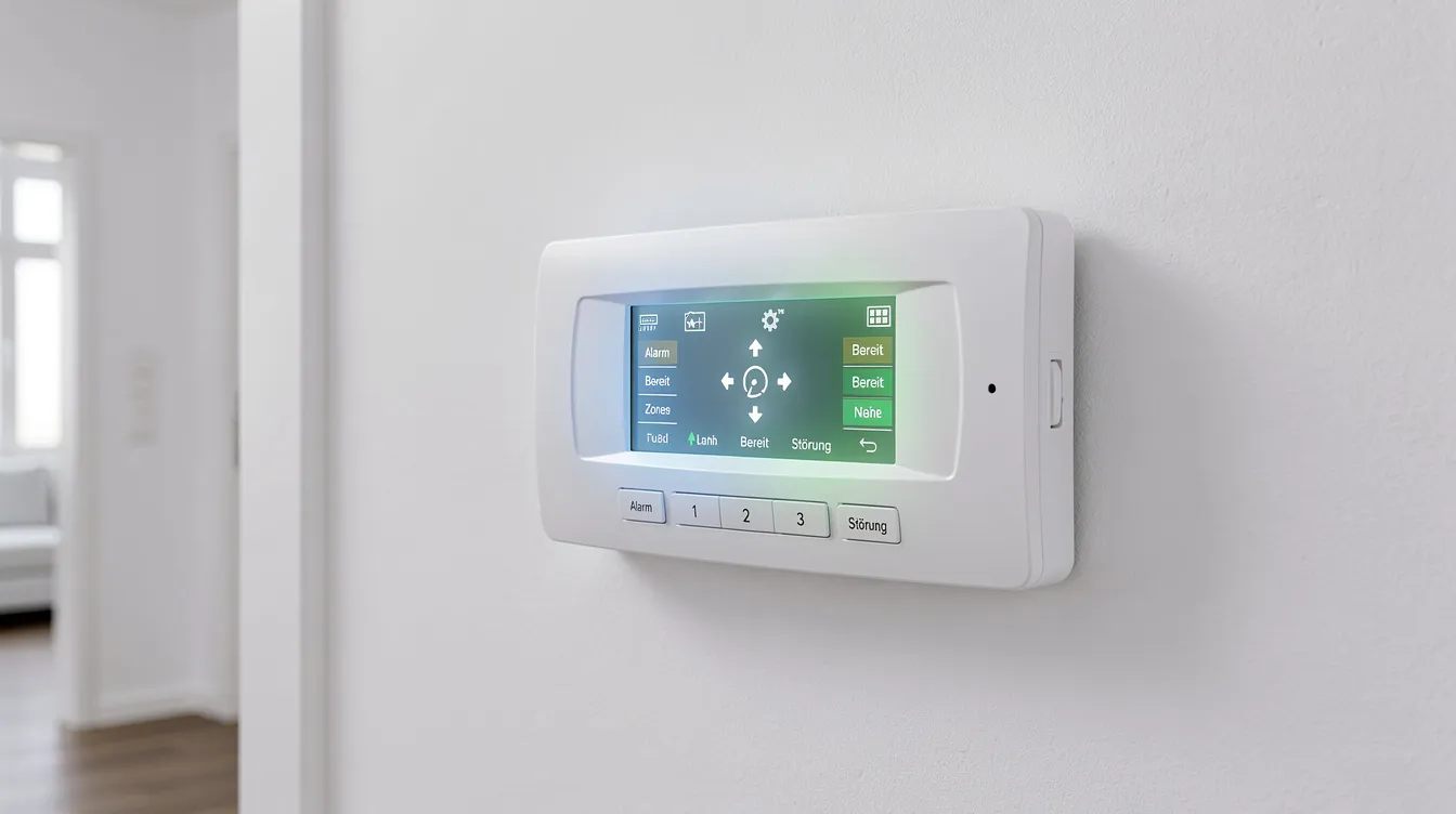 Die moderne Alarmzentrale ist an einer weißen Wand montiert und verfügt über eine gut sichtbare LED-Anzeige, die wichtige Informationen zum Alarmsystem anzeigt. Diese Alarmanlage ist Teil einer umfassenden Sicherheitstechnik, die sowohl für Wohnungen als auch für gewerbliche Gebäude geeignet ist.
