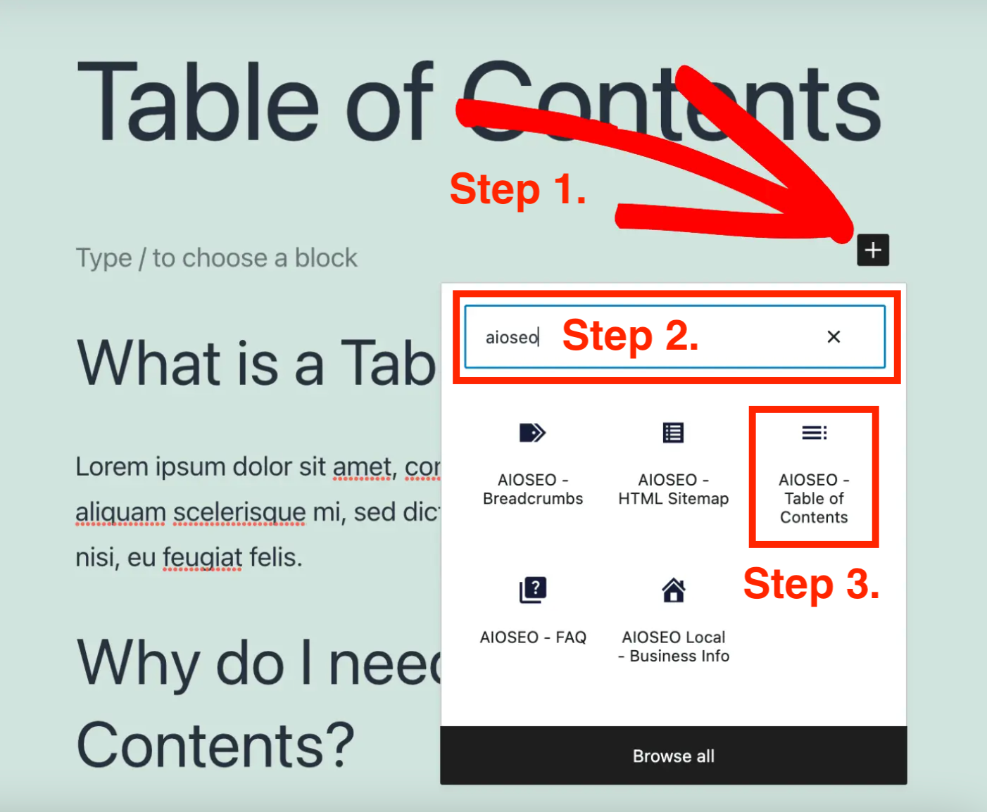 Step-by-step guide on how to add TOC to your post. /Source: aioseo.com