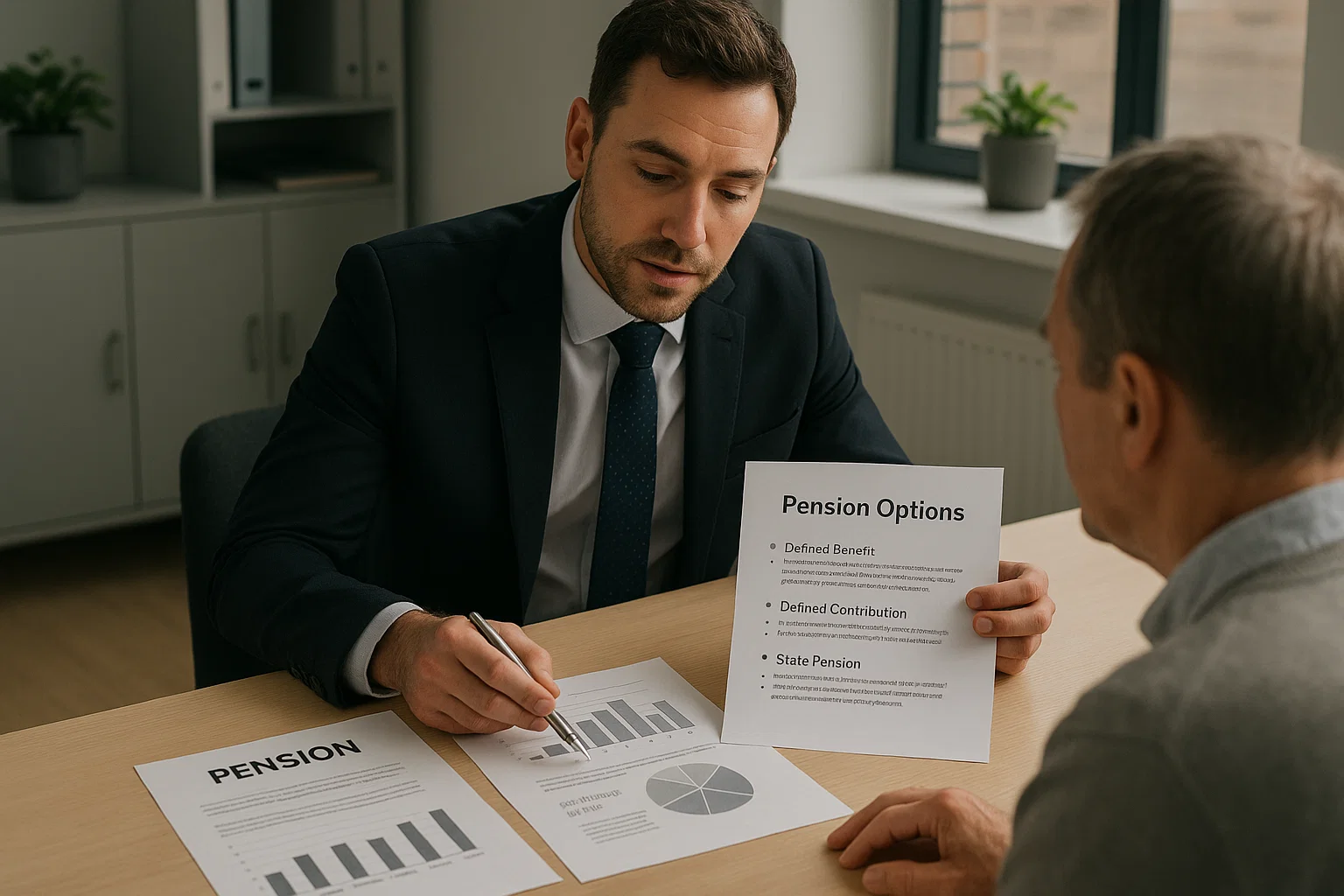Advisor explaining different types of pensions to a client using printed charts and documents.