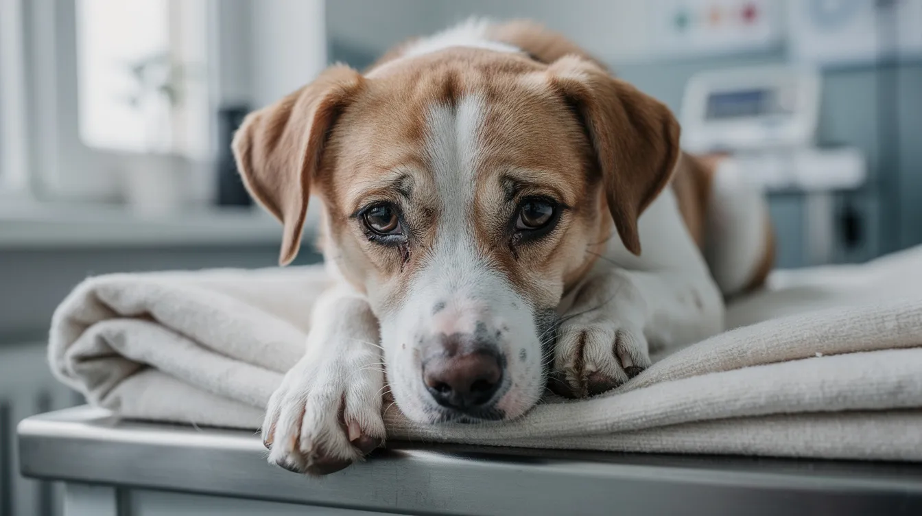 The image shows a young dog looking sad and sick, with droopy ears and a forlorn expression that suggests it may be experiencing symptoms of pet poisoning or gastrointestinal problems. This beloved canine companion may have accidentally ingested something harmful, highlighting the importance of pet owners being aware of common dog poisons and seeking veterinary medicine when needed.