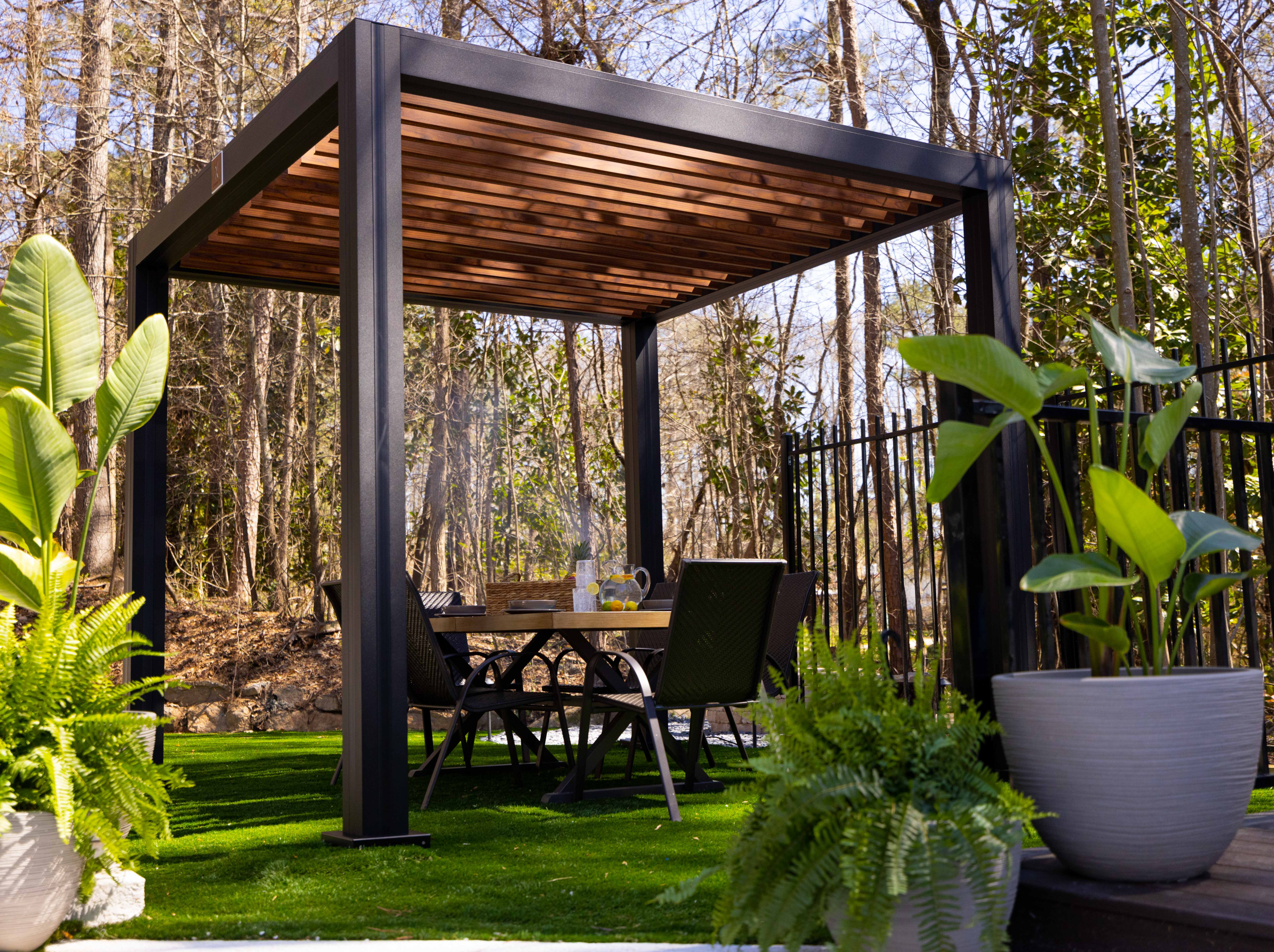 Illustration of wooden pergola in a backyard