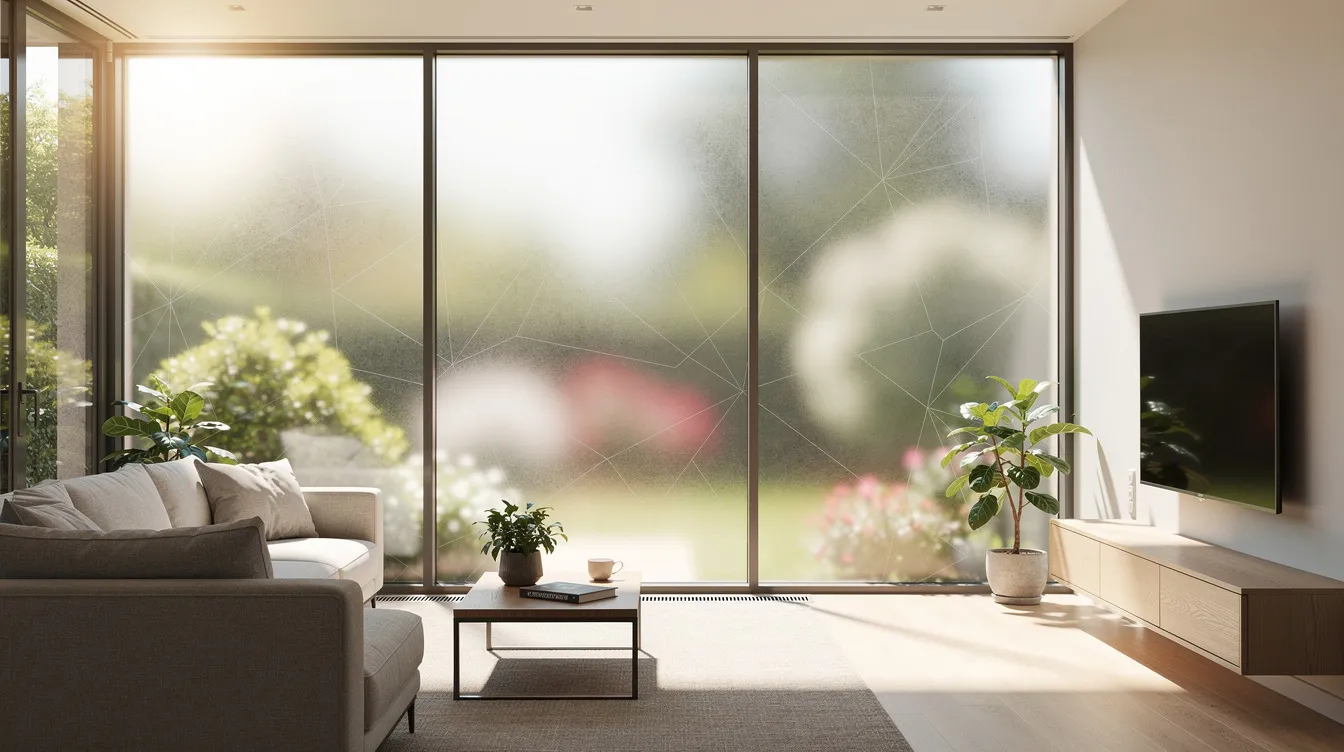 The image depicts a sunlit living room featuring large windows adorned with frosted privacy film, allowing natural light to filter through while maintaining a sense of seclusion. The view beyond the windows showcases a serene garden, enhancing the tranquil ambiance of the space.