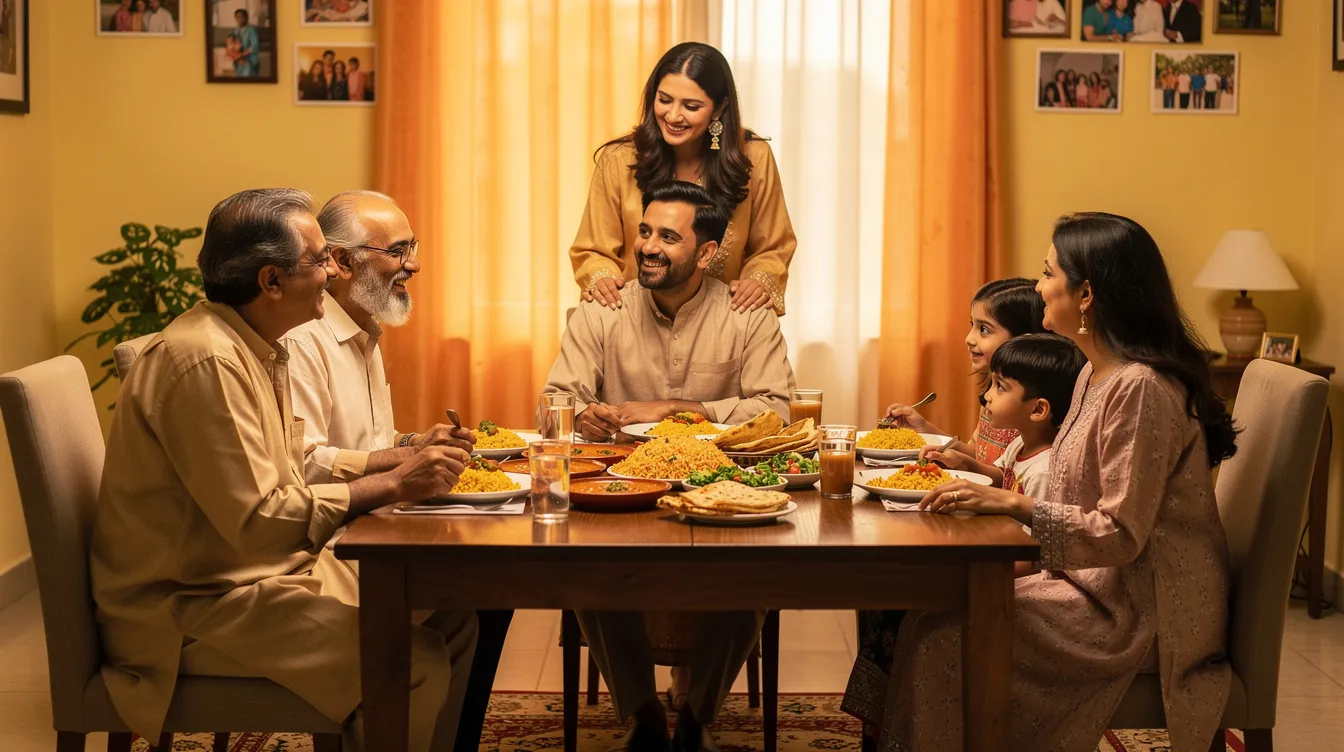 A joyful Pakistani family is gathered around a dining table in a cozy home, sharing a meal and laughter, symbolizing the warmth of togetherness. This scene reflects the essence of family ties and the importance of remittances, like those facilitated by the Sohni Dharti Remittance Program, which helps overseas Pakistanis support their loved ones back home.