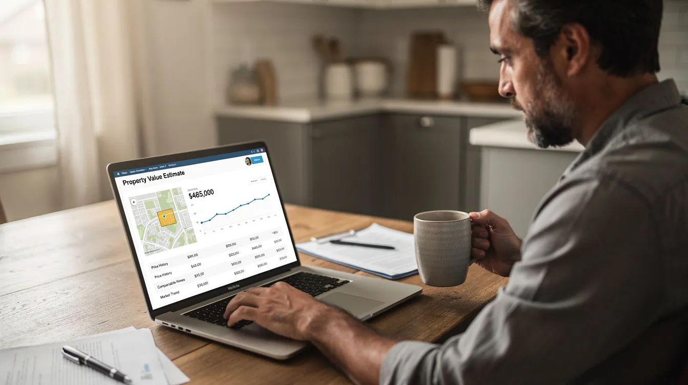 A homeowner sits at a table, focused on a laptop screen displaying property value estimates, contemplating their home equity and potential options for a home equity line of credit (HELOC) to manage their finances. The scene reflects the importance of understanding mortgage rates and the implications of debt-to-income ratios in making informed decisions about home value and financial planning.