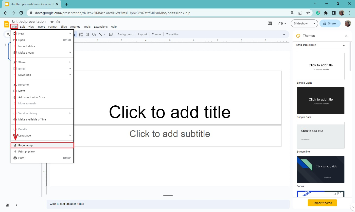 Click "File" tab and select "Page Setup"
