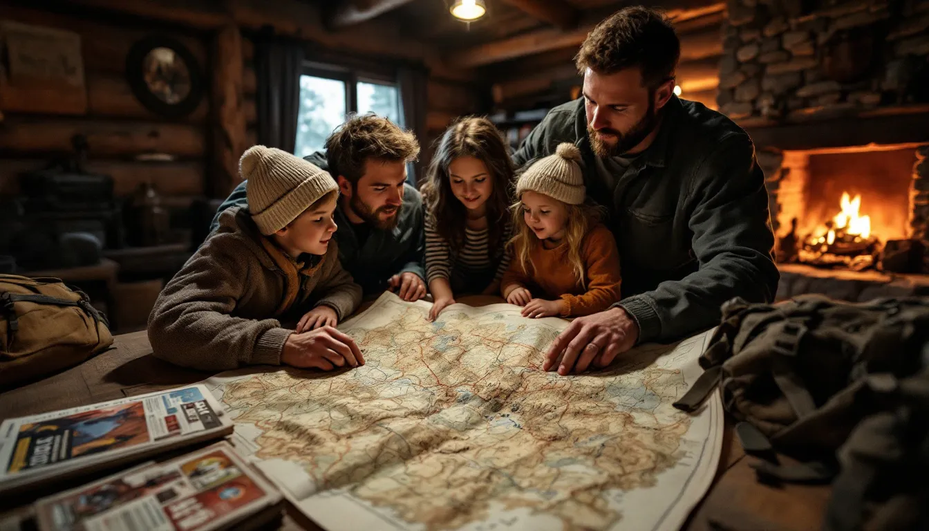 A family planning their Moab 4x4 adventure with maps and guides.