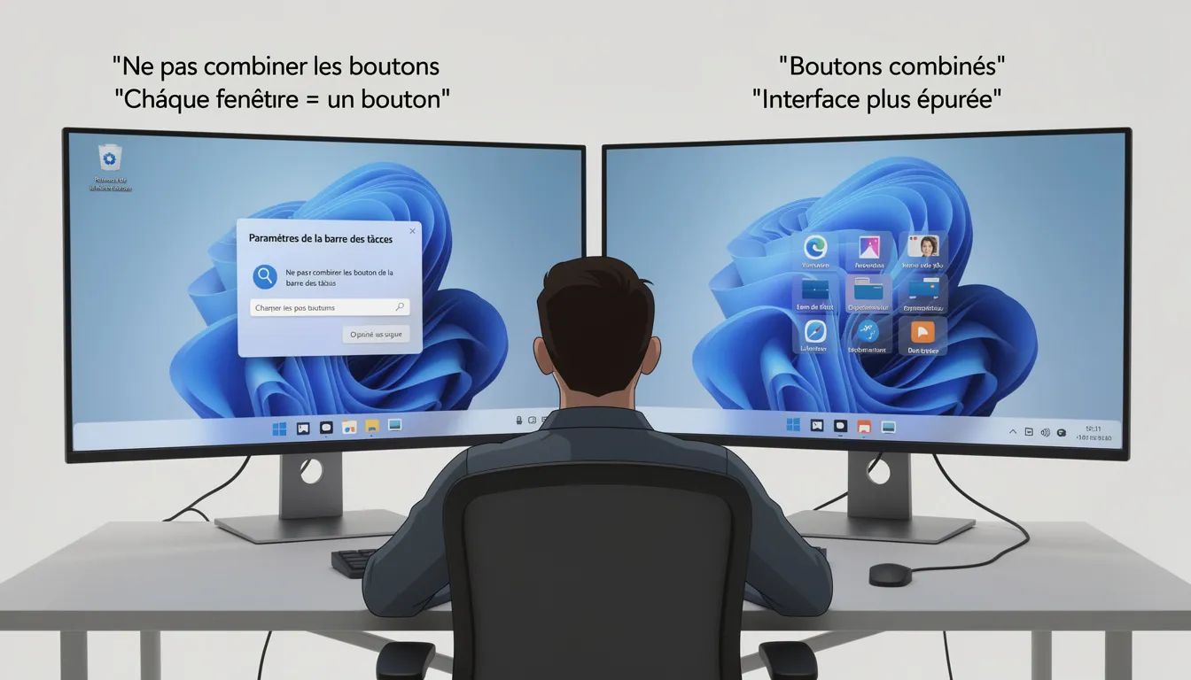 L'image illustre l'interface de Windows 11, mettant en avant la barre des tâches avec des fenêtres d'application regroupées. Cette disposition souligne le choix de l'utilisateur entre le regroupement et le dégrouppement des fenêtres, facilitant ainsi la navigation et la productivité lors de l'utilisation de l'explorateur de fichiers.