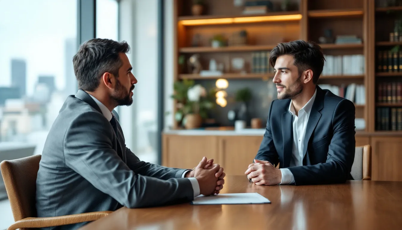 Een persoon is in gesprek met een gespecialiseerde advocaat in een kantoorruimte, waar juridische bijstand wordt geboden aan slachtoffers van gewelds- en zedenmisdrijven. De advocaat bespreekt het juridische traject en de mogelijkheden voor schadevergoeding met de cliÃ«nt.