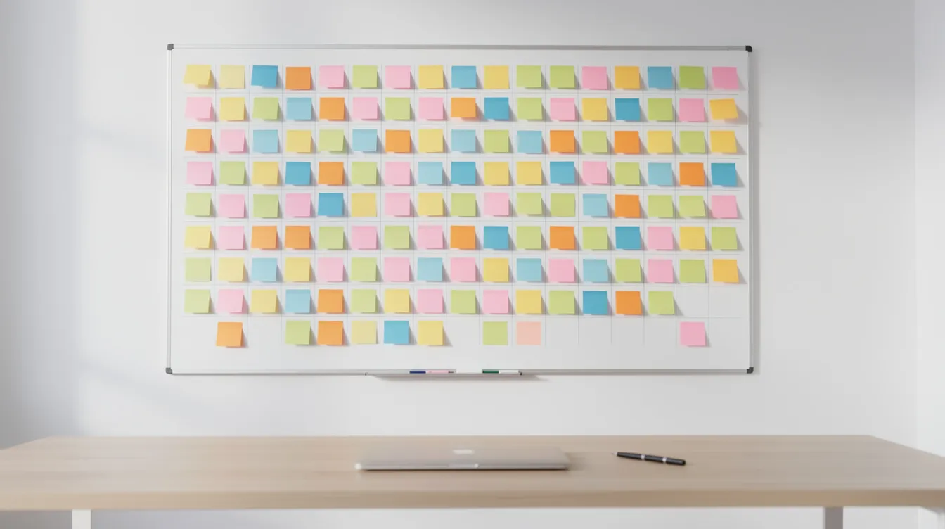 Het beeld toont een groot wit whiteboard bedekt met kleurrijke plakbriefjes die in een rasterpatroon zijn geplaatst, in een lichte werkruimte met een houten bureau. Deze opstelling kan helpen bij het visualiseren van een business model canvas, waarbij verschillende elementen zoals klantsegmenten en inkomstenstromen duidelijk worden weergegeven.