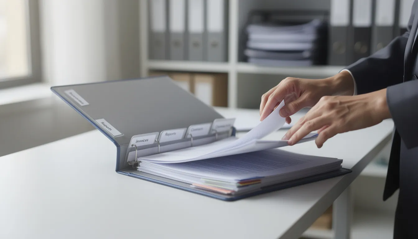 The image depicts a person meticulously organizing various paperwork and documents related to a workers compensation claim in a folder, ensuring everything is in order for their potential workplace injury case. This careful arrangement highlights the importance of proper documentation when navigating Colorado workers compensation laws and securing benefits for injured workers.