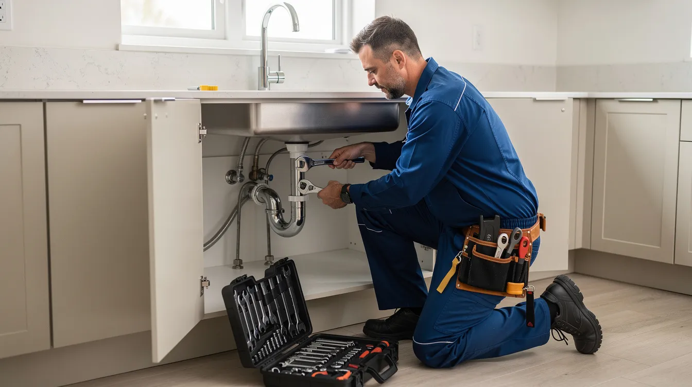 A professional plumber in work gear is kneeling under a modern kitchen sink, skillfully using a wrench to tighten pipe fittings as part of his plumbing services. This scene highlights the expertise of local plumbers who efficiently handle residential plumbing issues, ensuring dependable service for homeowners.