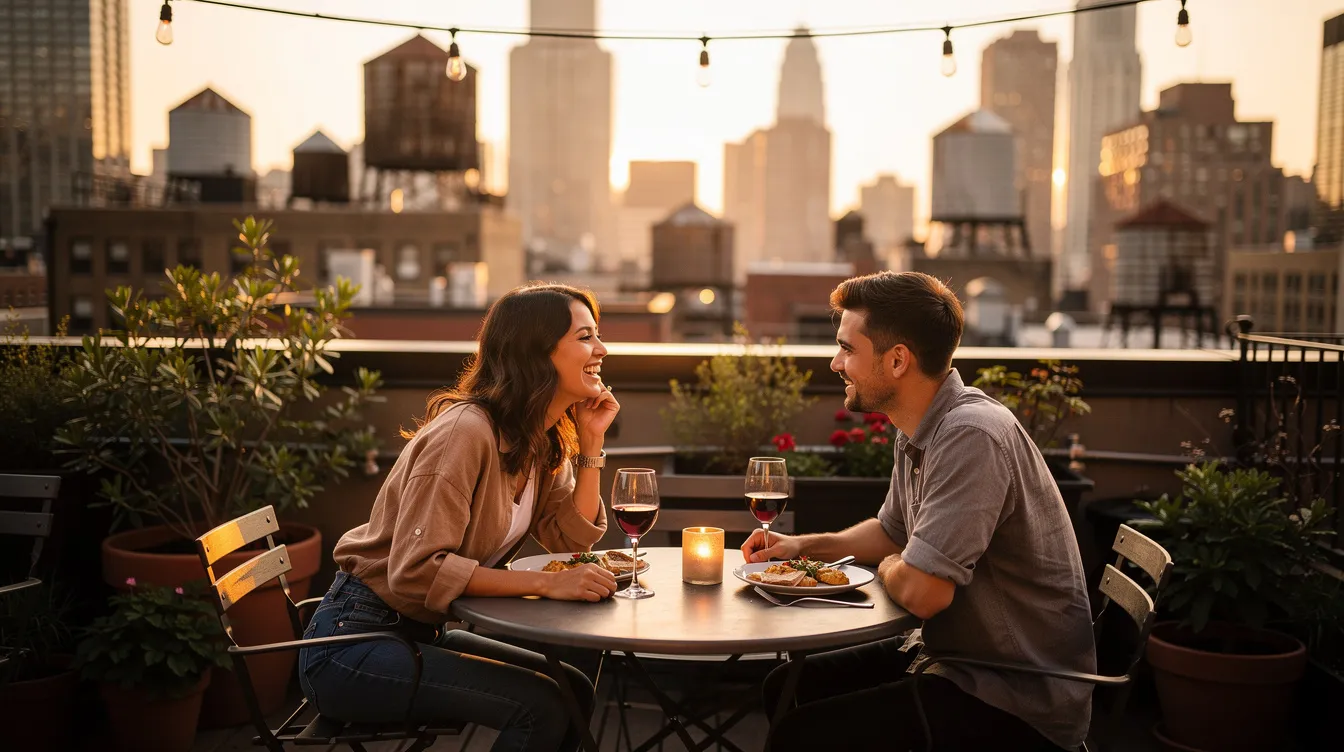 A couple enjoys a romantic date on a rooftop in New York City, surrounded by the city skyline and twinkling lights. They appear engaged in meaningful conversation, reflecting the modern dating experience as they navigate their relationship compatibility and the journey of finding true love through dating apps.
