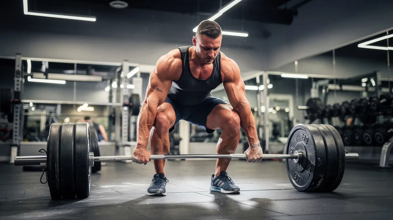 A muscular man is performing a heavy barbell deadlift in a well-lit gym, showcasing his strength and focus during an intense workout. The scene captures the essence of bodybuilding and fitness, emphasizing energy production and stamina as he lifts the barbell with determination.