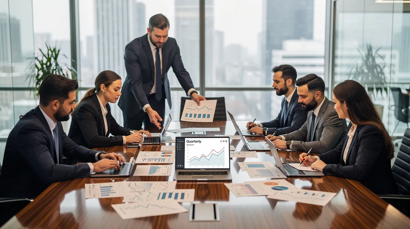A diverse group of professionals is gathered around a large conference table, collaboratively reviewing financial documents related to retirement benefits and savings plans. The atmosphere is focused and engaged, reflecting their commitment to understanding various retirement options such as 401(k) plans and profit sharing plans.
