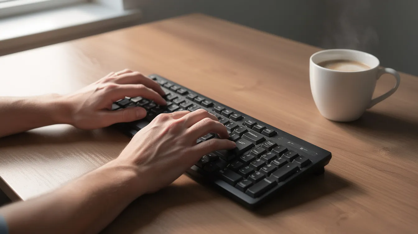 Auf dem Bild sind Hände zu sehen, die auf einer Tastatur tippen, während daneben eine Tasse Kaffee auf einem Schreibtisch steht. Diese Szenerie vermittelt einen Eindruck von einem produktiven Arbeitsumfeld, in dem möglicherweise E-Mails bearbeitet oder Informationen eingegeben werden.