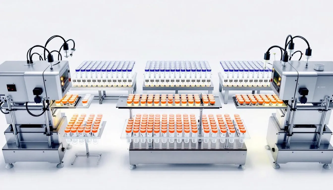 Automated tube labelers in a laboratory setting.